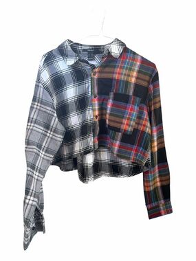 Two-Tone Plaid Cropped Button-Up Shirt - Multicolor